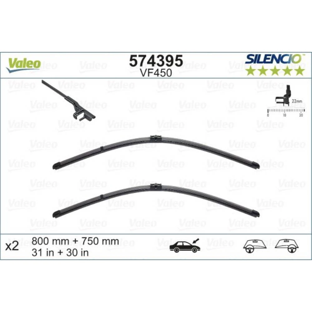 Комплект бескаркасных дворников VALEO Silencio Flat VF450 800 мм и 750 мм
