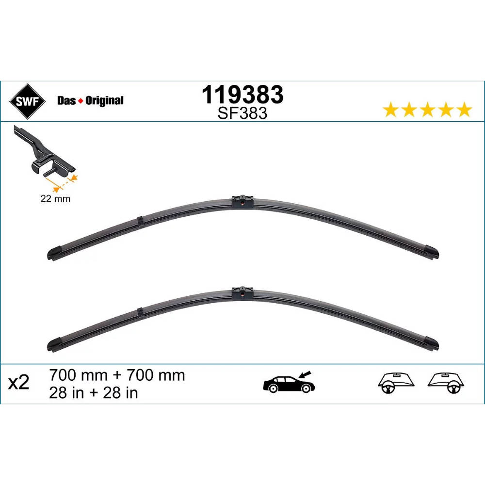 Бескаркасные дворники SWF VisioFlex Original на Volkswagen Sharan 2 7M9, 7M6 06.2001-03.2010 side pin wiper arm