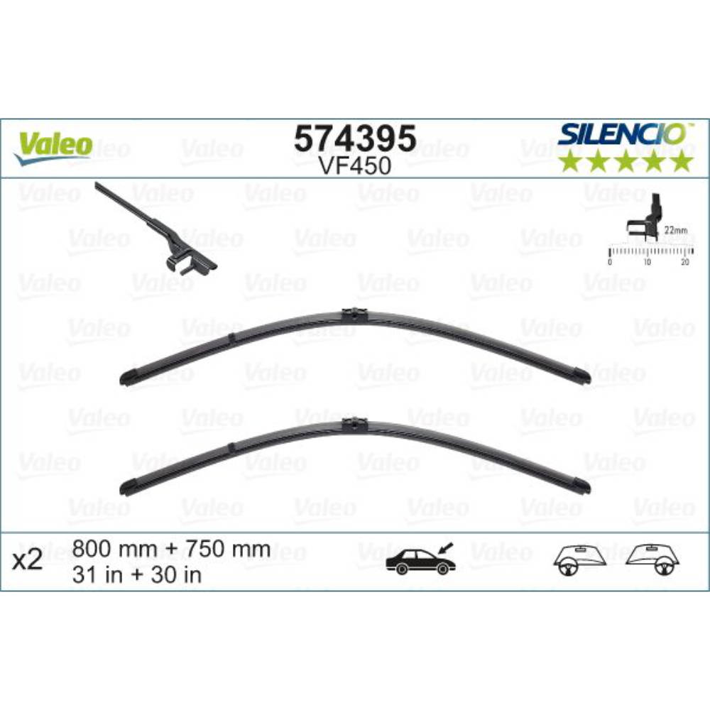 Безкаркасні двірники VALEO Silencio Flat на Citroen C4 Grand Picasso B58 02.2007-03.2008 side pin wiper arm
