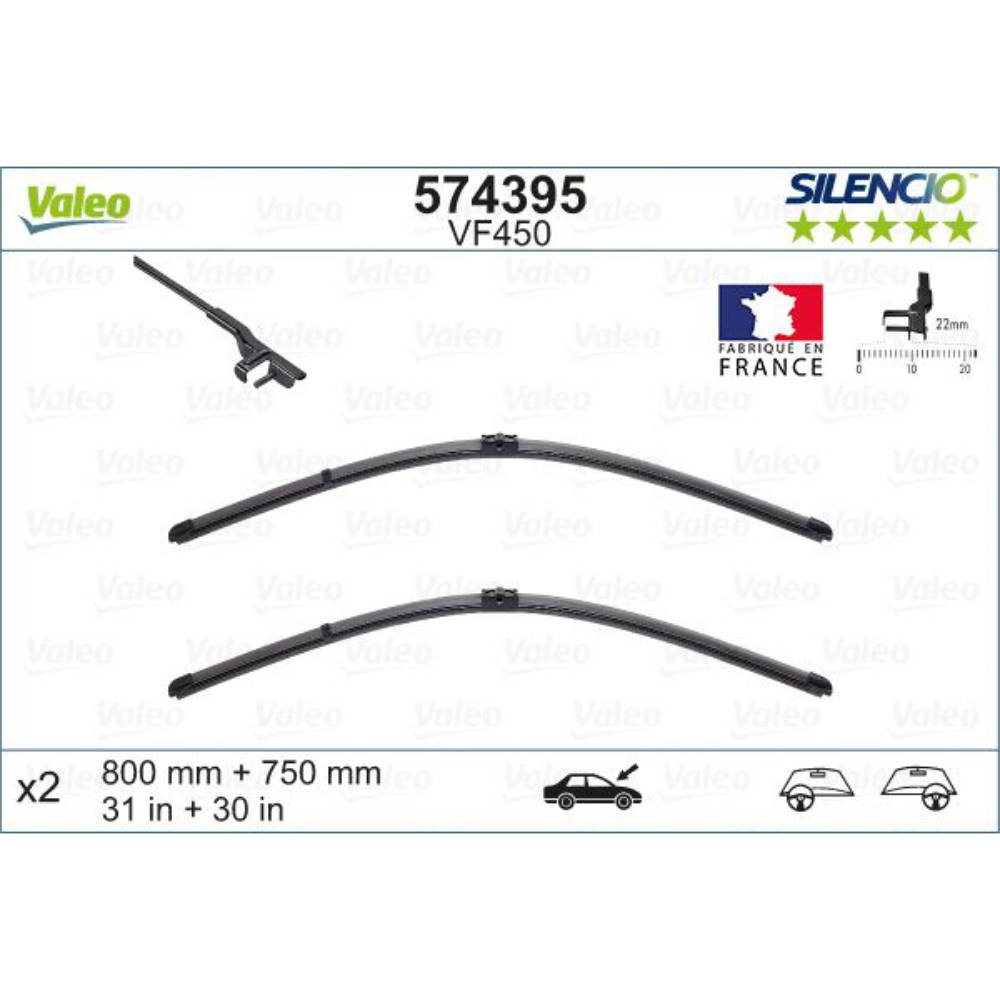 Безкаркасні двірники VALEO Silencio Flat на Citroen C4 Grand Picasso B58 02.2007-03.2008 side pin wiper arm