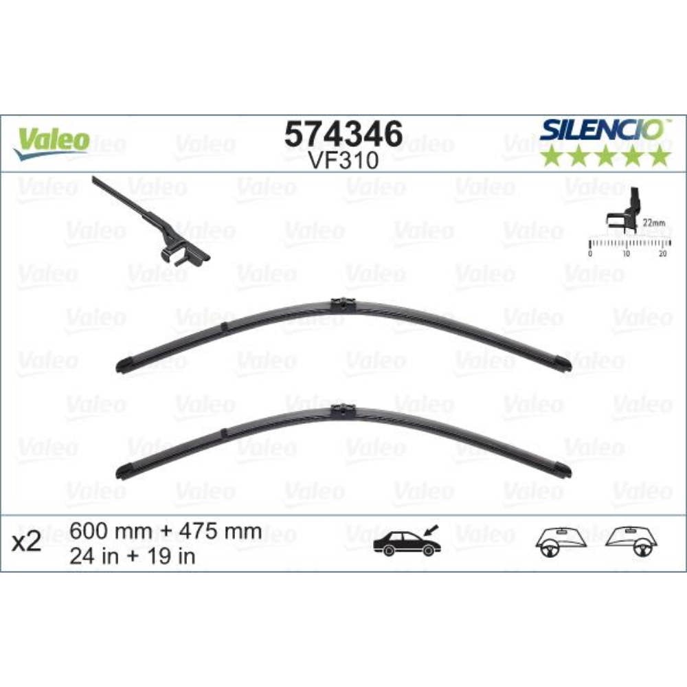 Бескаркасные дворники VALEO Silencio Flat на Volkswagen Caddy 3 2K 02.2004-10.2006 2 rear doors, side pin wiper arm, metal rear wiper